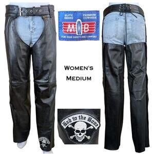 MOB Womens Motorcycle Leather Chaps Medium Black Biker Horse Riding Mid Rise